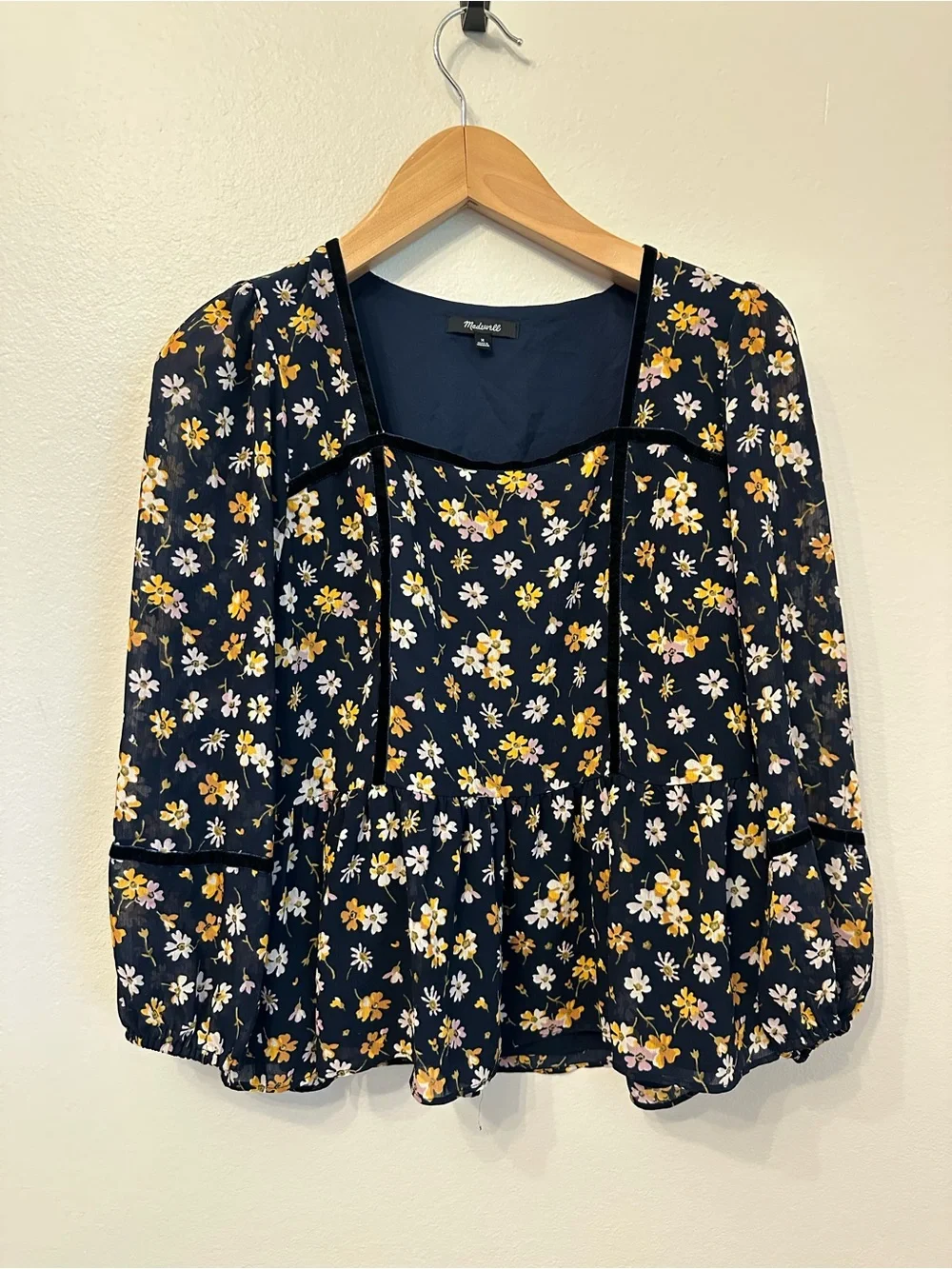 Madewell Navy Floral Peplum Top with Yellow & White Blossoms